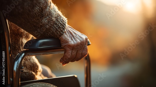 Elderly person rests wrinkled hand on mobility aid armrest bathed in warm sunlight