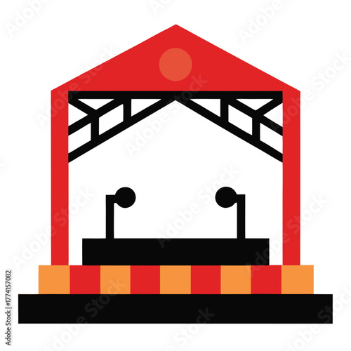 Concert stage platform icon with spotlights and musical notes