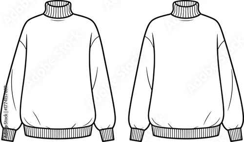 Turtleneck sweater technical sketch, front view fashion drawing, ribbed collar cuffs hem, garment flat template, apparel design vector, cad drawing flat vector illustration