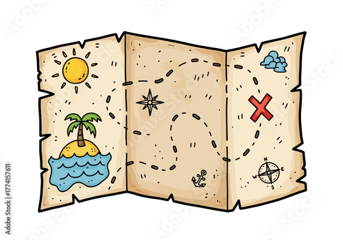Hand-Drawn Folded Treasure Map Doodle Vector Illustration
