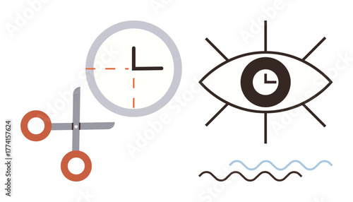 Scissors cutting a clock, highlighting focus on time management eye with clock representing vision and awareness. Ideal for productivity, efficiency, priorities, deadlines, creative strategy