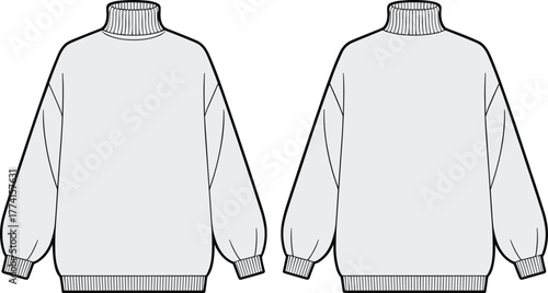 Turtleneck sweater front view, ribbed collar cuffs and hem sketch, fashion flat drawing, clothing vector outline, cad drawing flat vector illustration