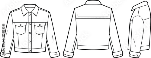 Denim jacket front, back, side view, buttoned flap pockets, fashion flat sketch, clothing vector outline, cad drawing flat vector illustration