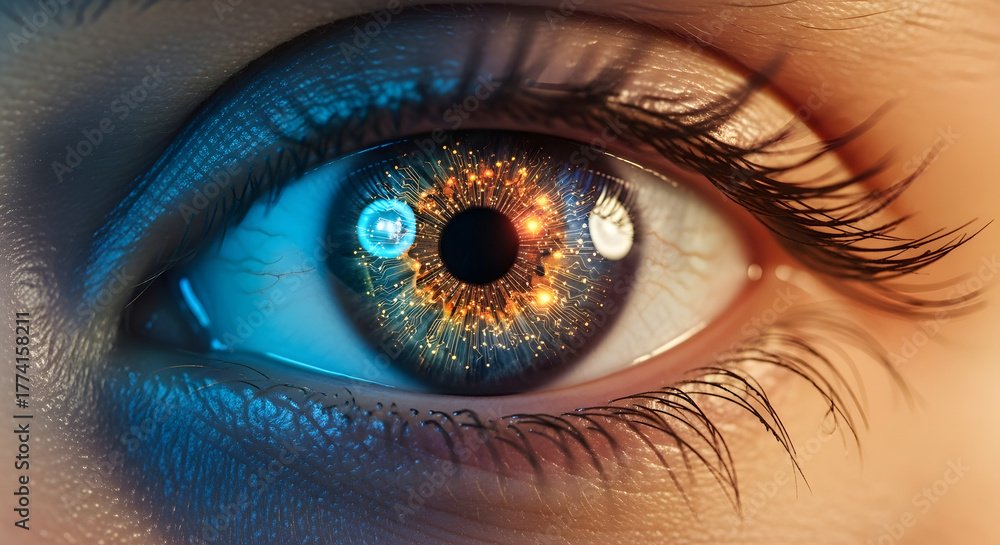 Fototapeta premium Stunning close-up of a human eye with a futuristic digital iris, symbolizing advanced technology, artificial intelligence, and data processing for modern innovation.