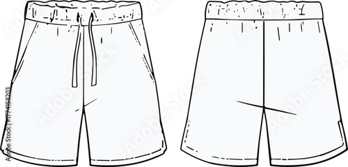 Shorts design illustration, front and back views, elastic waistband with drawstring, pocket and seam details, garment mockup, cad drawing flat vector illustration