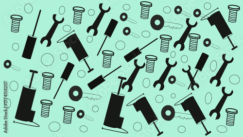 Seamless vector pattern featuring hand pumps, wrenches, screws, and bolts on a mint green background, perfect for mechanical, industrial, and workshop-themed designs