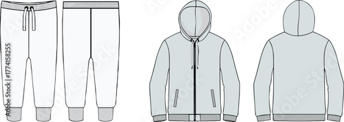 Tracksuit design illustration, jogger pants and zip-up hoodie, front and back views, ribbed cuffs and pockets, cad drawing flat vector illustration