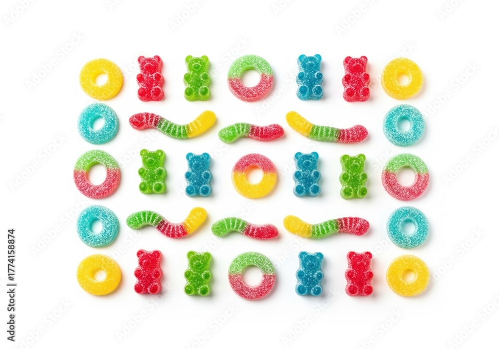 Naklejka premium Vibrant pattern of sweet gummy bears, sour worms, and sugar coated candy rings