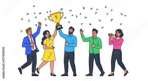 Flat vector illustration of team members celebrating business success with confetti and trophies