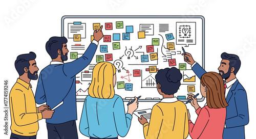 Flat vector illustration of young professionals discussing ideas around whiteboard full of sticky notes