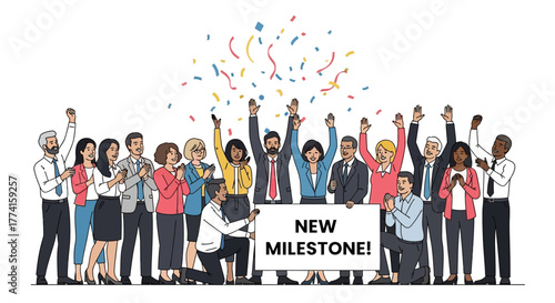 Flat vector of group celebrating new business milestone, people cheering with confetti, modern startup celebration