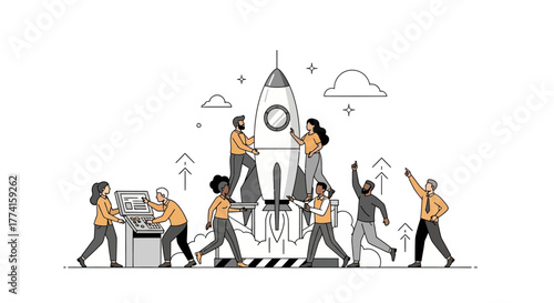 Minimalist vector illustration of people launching a rocket symbolizing startup growth, concept of innovation and progress