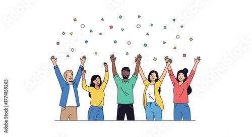 Minimalist vector illustration of team celebrating success under falling confetti, concept of teamwork and goal achievement
