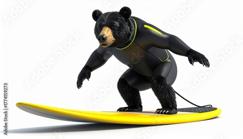 Bear surfing on a surfboard illustration in black wetsuit on a white background