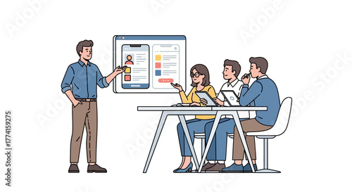 Vector illustration of startup founder presenting product demo to investors