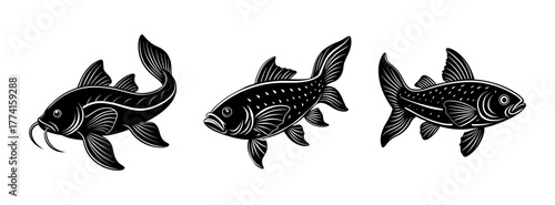 Black and white vector illustration of decorative fish for aquarium pet shop and seafood market design