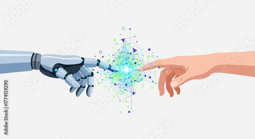 AI and human collaboration concept with robotic and human hands connecting through holographic light