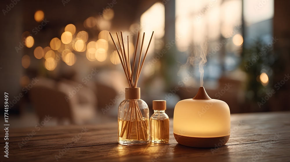 Fototapeta premium Illuminated aroma diffuser and reed diffuser set rest upon a wooden surface indoors