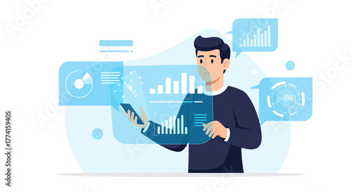 Flat vector illustration of AI assistant analyzing data hologram with futuristic glowing graphics