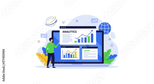 Flat vector illustration of global online marketing, person standing next to giant laptop with analytics graphs