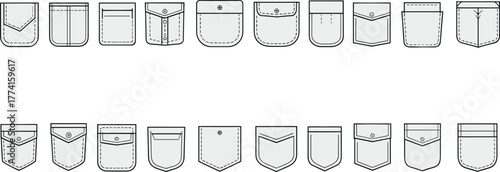 Pocket design set, garment construction styles, flap and button variations, stitching details, fashion accessory mockup, clothing template, cad drawing flat vector illustration