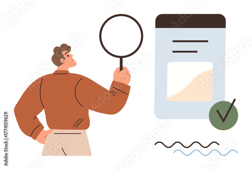 Man examines document using magnifying glass. Verified report, data analysis, research, validation, decision-making. Ideal for business, education quality control auditing data review. Simple flat