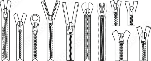 Zipper design collection, black and white line drawings, stylized textile hardware, garment accessory mockup, fashion sketch template, cad drawing flat vector illustration