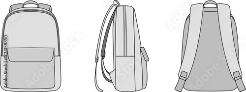Backpack design illustration, front, side, and rear views, strap and pocket layout, fashion accessory mockup, cad drawing flat vector illustration