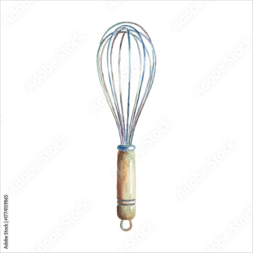 Watercolor Whisk Illustration, Baking Tool Clipart, Kitchen Utensil on White Background
