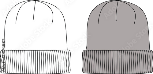 Beanie design comparison, black and gray knit cap styles, ribbed brim detail, fashion headwear mockup, garment template, cad drawing flat vector illustration