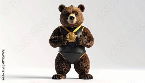 Champion Bear Mascot Wearing Gold Medal for Winning a Sporting Competition