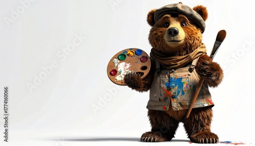 A Bear Artist Holding a Palette and Brush, Embracing Creativity with Colorful Splashes