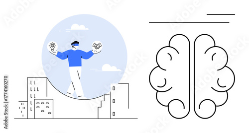 Person balancing gears and handshake above cityscape, symbolizing collaboration and innovation. Brain outline highlights creativity. Ideal for teamwork, innovation, balance, business, creativity