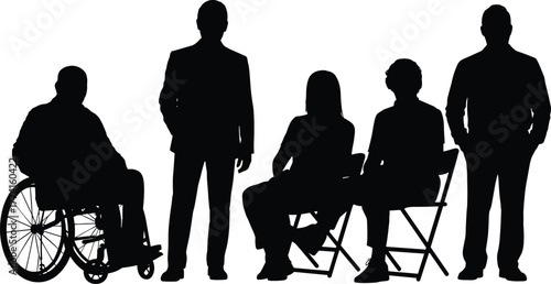 Inclusive silhouette illustration, diverse seated and standing figures, wheelchair user, professional attire, black and white art, posture variety, anonymity, diversity, representation