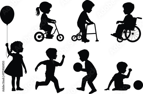 Inclusive child activity silhouette set, mobility diversity, playtime poses, walker, wheelchair, tricycle, balloon, ball, black and white art, accessibility