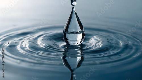 Close-up of a single water droplet falling into clear water creating ripples on the surface of the water