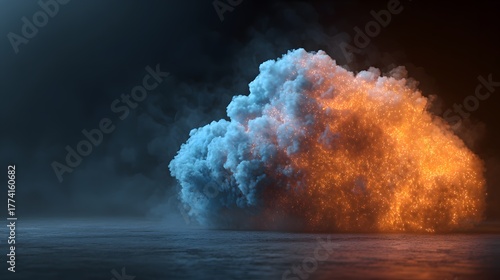 Intense contrasting gaseous formations illuminate a dark, textured floor environment