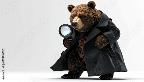 Bear Detective Investigating with Magnifying Glass