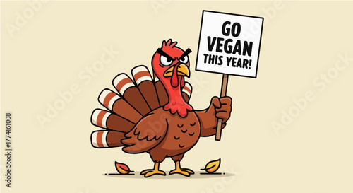  Cartoon turkey holding a "GO VEGAN THIS YEAR!" sign, protesting Thanksgiving