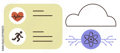 Heartbeat and activity tracking icons beside cloud and atom symbol representing AI and data processing. Ideal for healthcare, fitness, innovation, AI, cloud computing, science, and technology themes