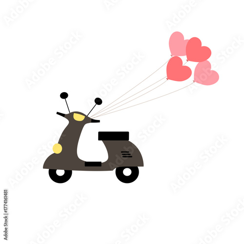 Cute Scooter with Heart Balloons Vector for Romantic Design