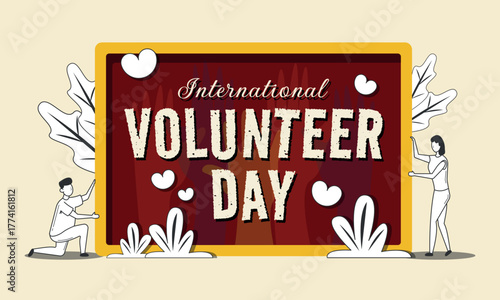 International Volunteer Day Poster. Two people in outline style holding a sign