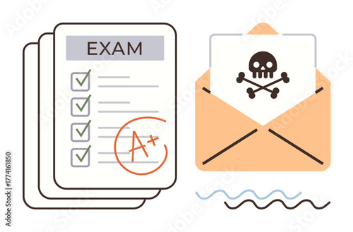Exam papers marked with A grade next to an envelope with a skull as a cautionary symbol. Ideal for education, academic integrity, risk awareness, warnings, cybersecurity, misrepresentation, simple