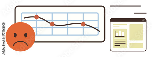 Downward sloping line graph with data points, unhappy face symbolizing concern, and a website interface. Ideal for data analysis, business loss, failure, analytics, downturn economy and finance. A