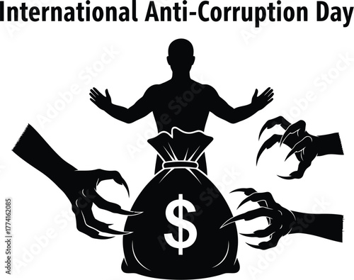 International anticorruption day concept with hands and money bag illustration