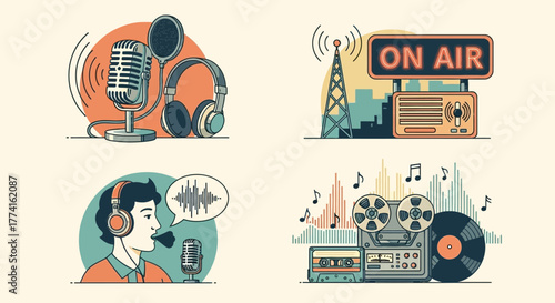 Retro Podcast Icon Set - Vintage Broadcasting Vector Graphics Collection
