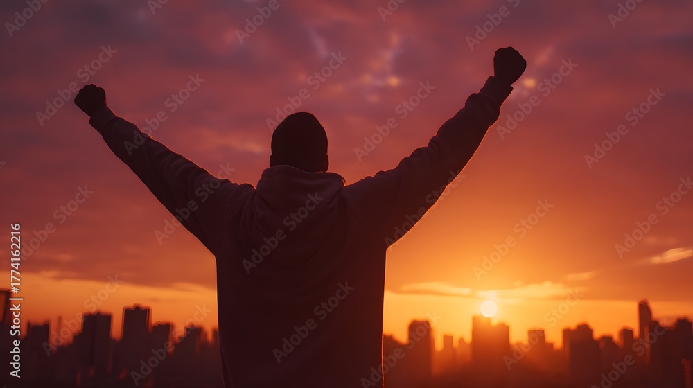 Fototapeta premium Silhouette of an individual celebrating success with raised fists against a vibrant city sunset
