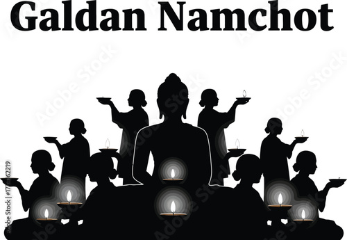 Silhouette of buddha and worshippers in galdan namchot ceremony illustration