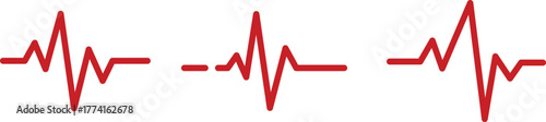 Red heart rate ekg vector lines set on transparent background. Red electrocardiogram pulse lines. Heart rate lines, representing a vital sign. heart beat wave. heart beat on the monitor