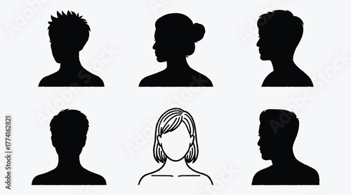Diverse collection of human silhouettes featuring various hairstyles and styles